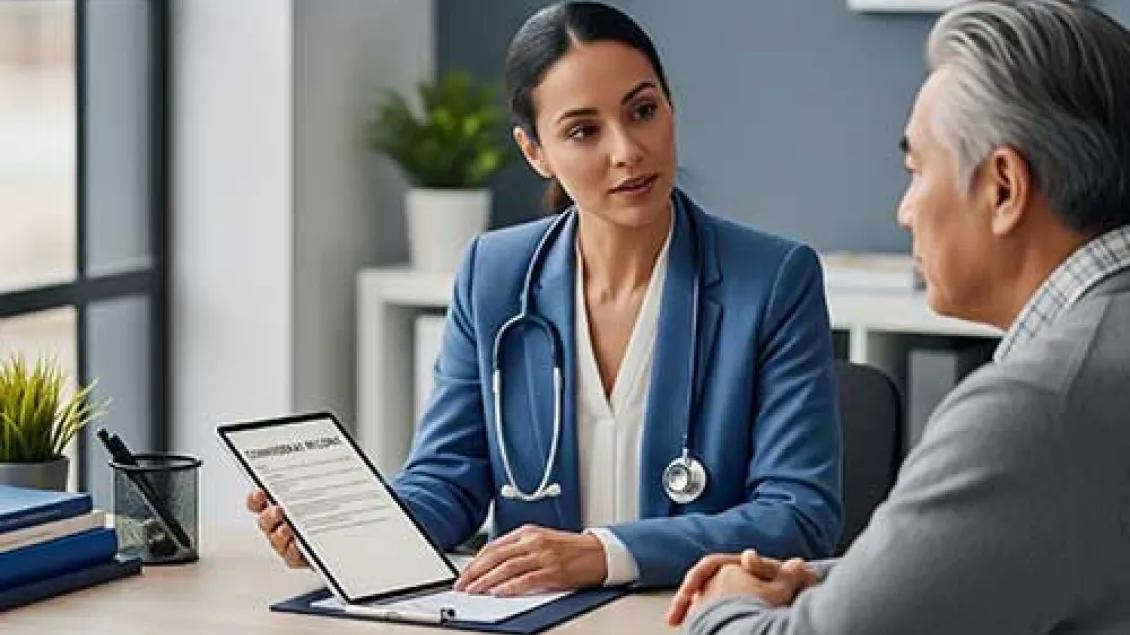 A female doctor and a male patient are engaged in a private discussion in a modern office, symbolizing patient confidentiality and secure health information.