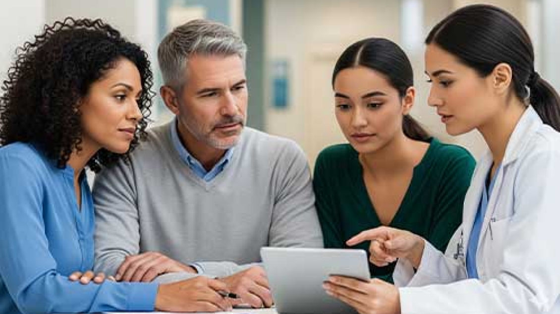 a patient and their family review information on a doctor's tablet