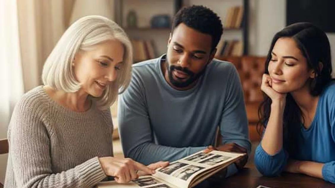 Two women and a man sit together and look at a photo album