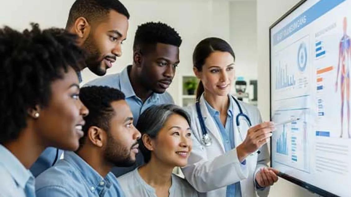 A doctor reviews health information to patients