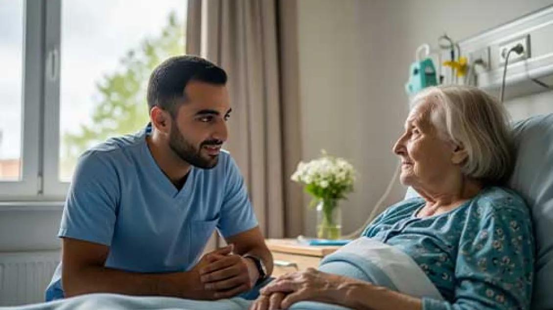 A man comforts a woman in her hospital bed.