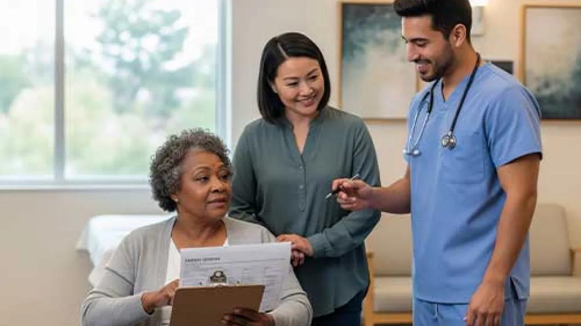 A patient completes a voting ballot with a physician standing beside her and a friend behind her.