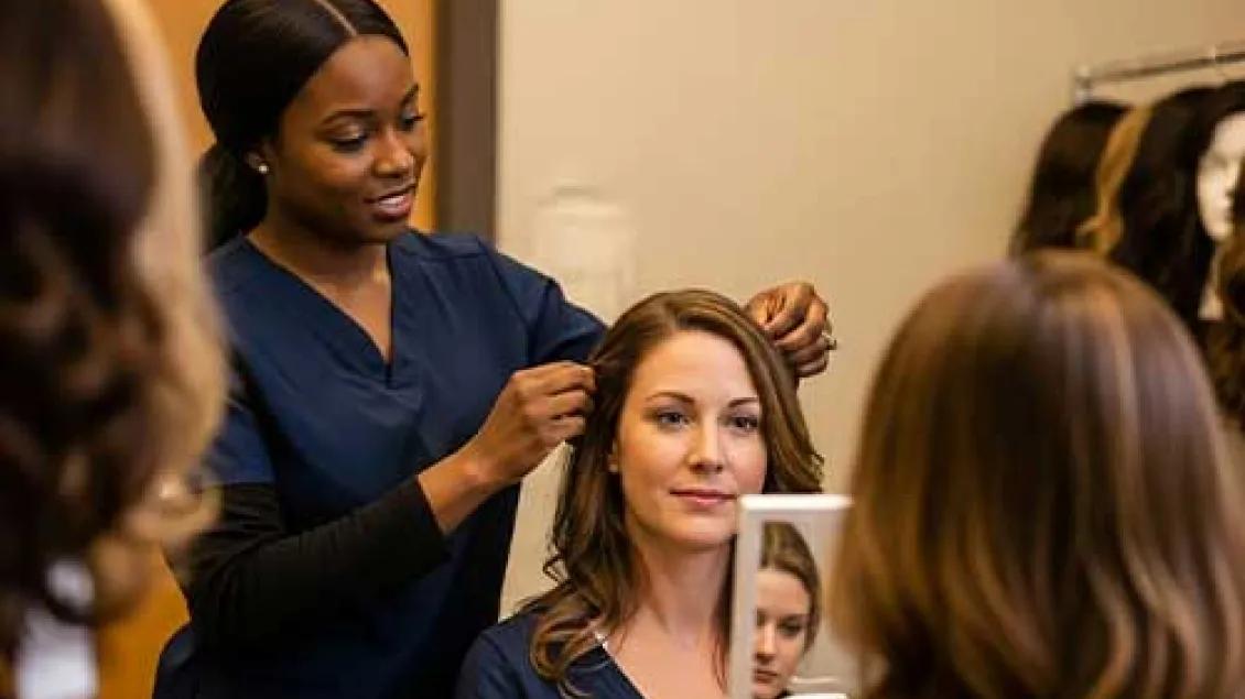 A woman helps other woman try on a wig.
