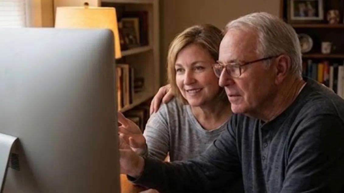 A man and woman sit in front of their computer