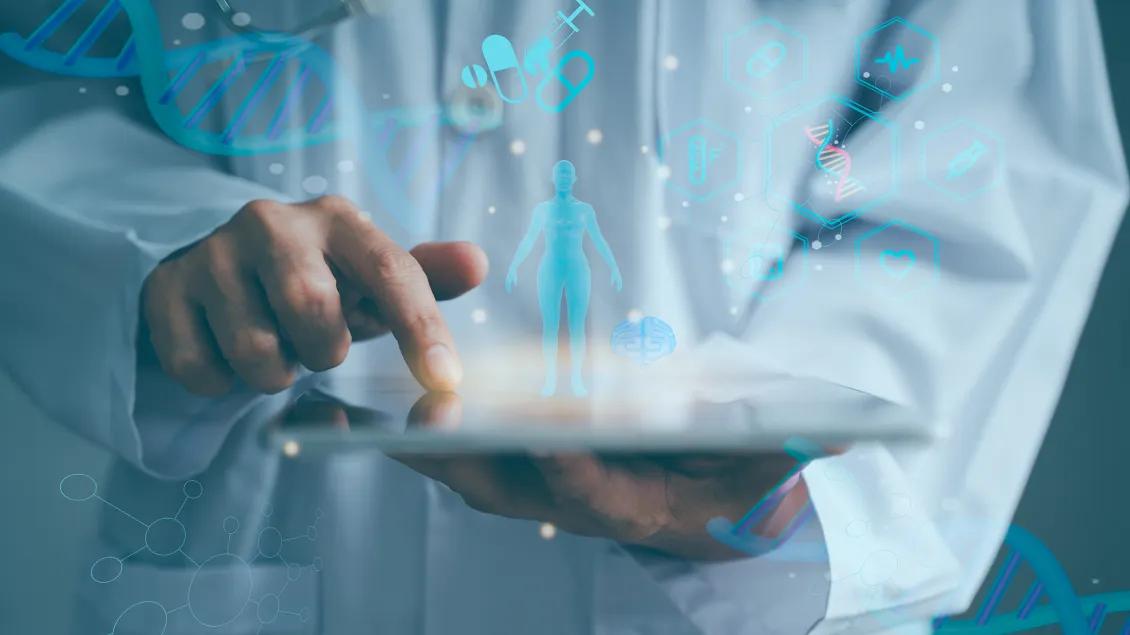 Torso of male in lab coat using tablet with scientific icons as overlay