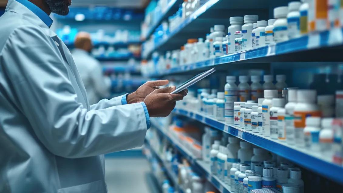 A pharmacy professional working in a pharmacy environment.