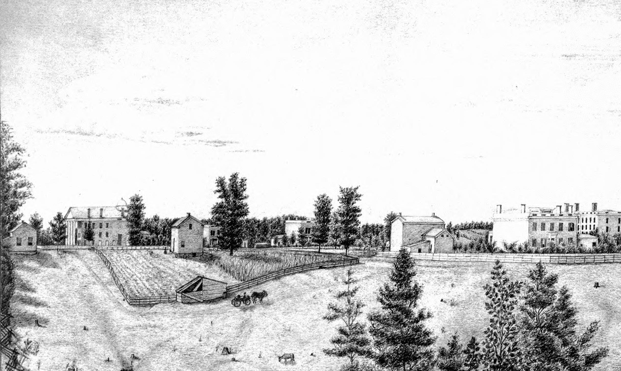 1855 sketch by Adeline B. Mead showing medical school and professor's house that became the first hospital