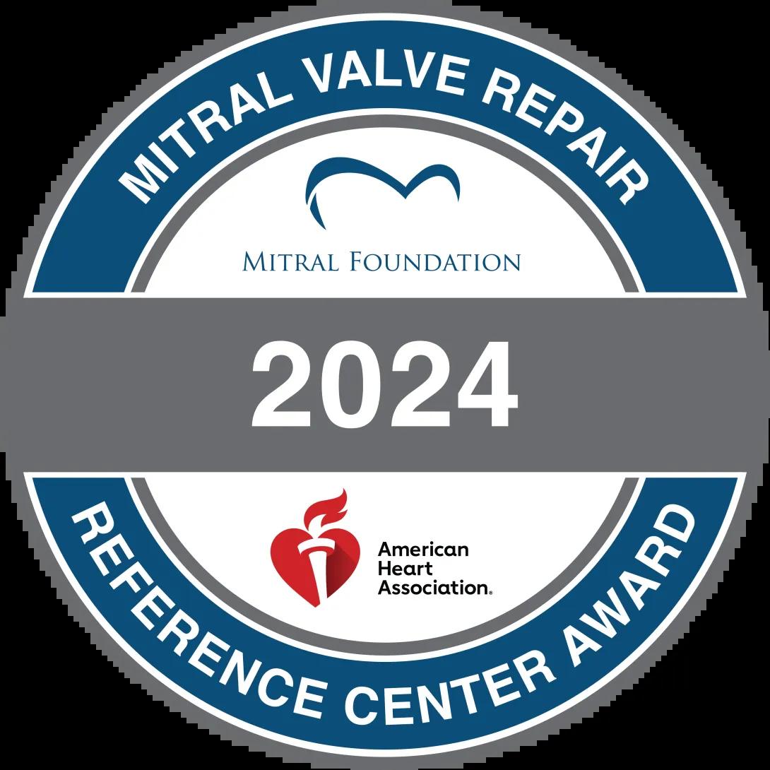 Mitral Foundation 2024 Mitral Valve Repair Reference Center Award badge featuring American Heart Association logo and blue circular design.