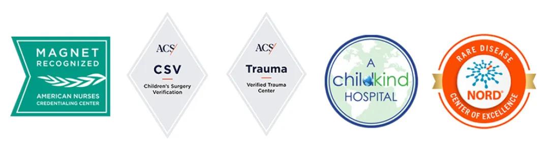 Award icons for Nurse Magnet Recognized, ACS Children's Surgery Verification, ACS Verified Trauma Center, A Childkind Hospital, NORD Rare Disease Center of Excellence
