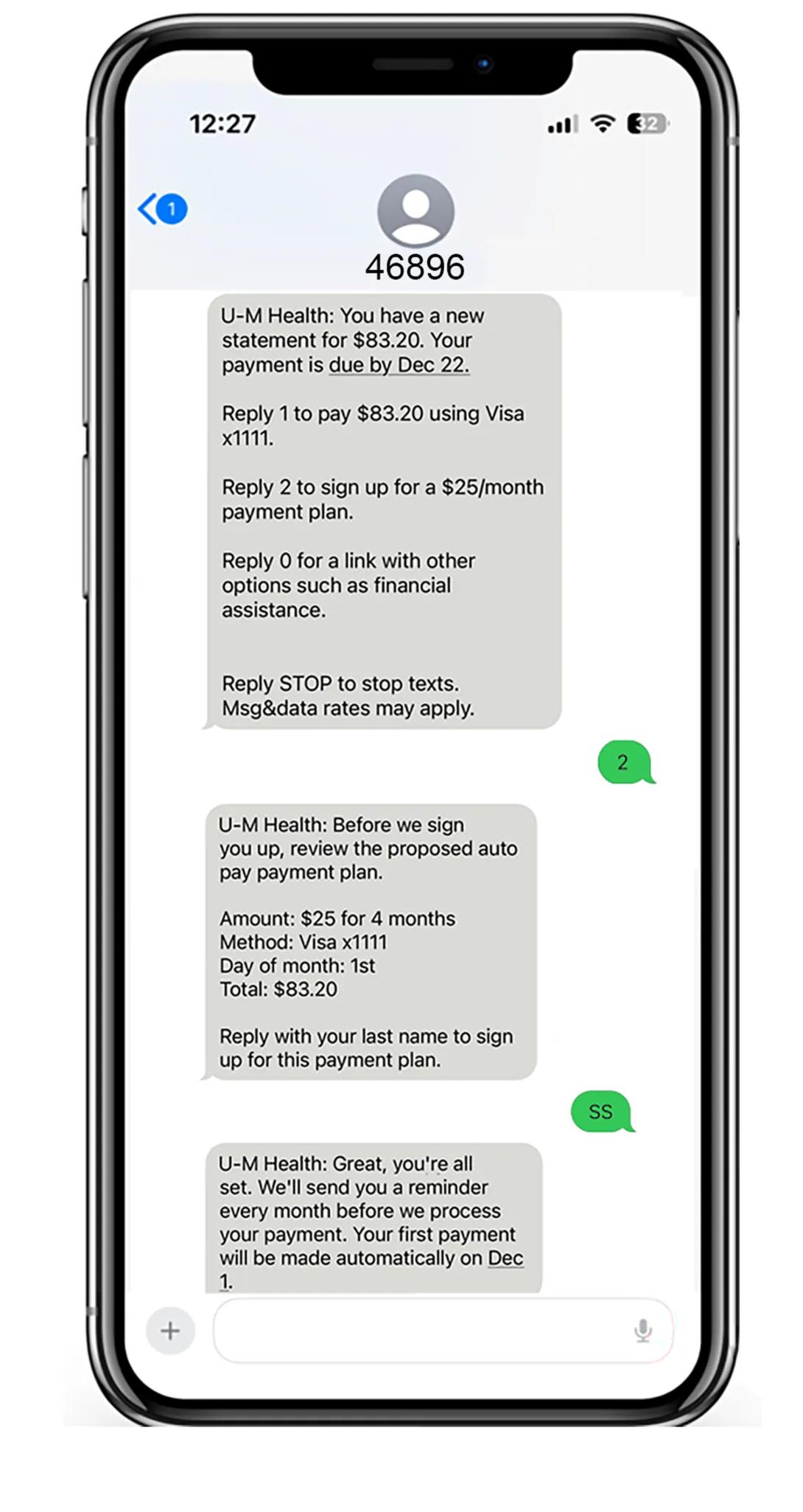 screenshot of text bill pay at U-M Health