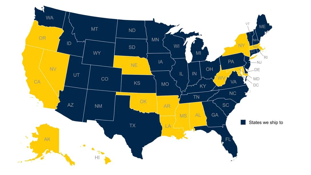 Map of the United Staties with the states the Specialty Pharmacy ships to highlighted in dark blue. 