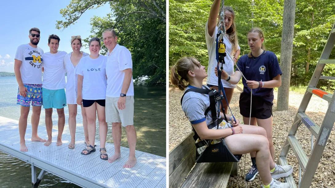 family posing together and on left and on right harness over camper in a camp setting for an activity