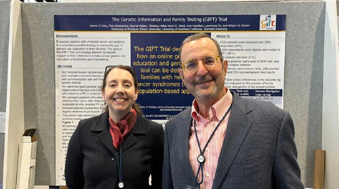 Allison Kurian, M.D., M.Sc. and Steven Katz, M.D., MPH, at their poster at ASCO 2025.