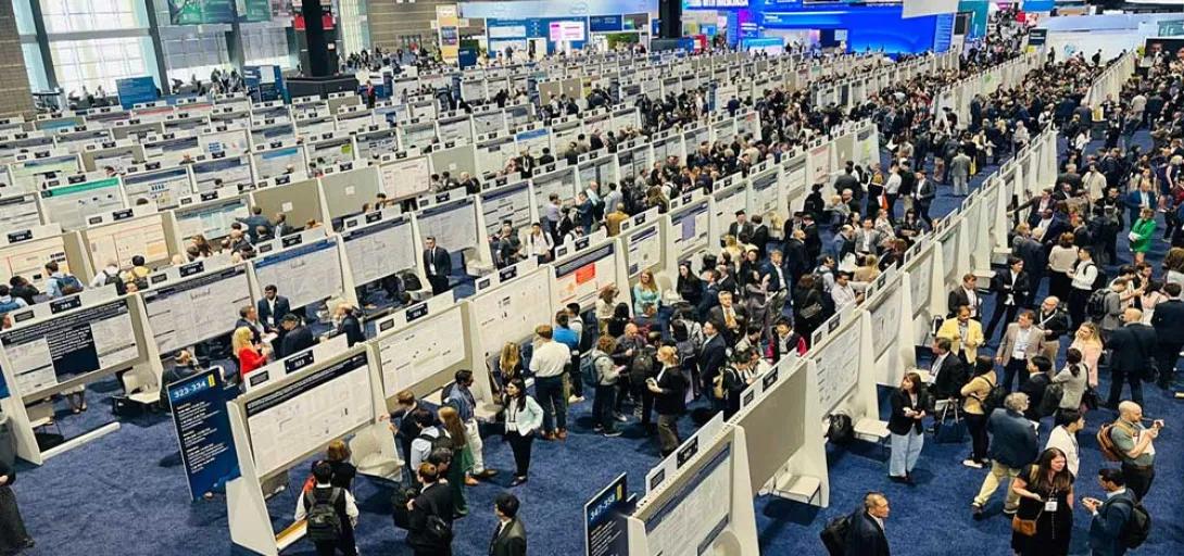 An overhead view of the large conference room showcasing all the posters on display at ASCO 2026