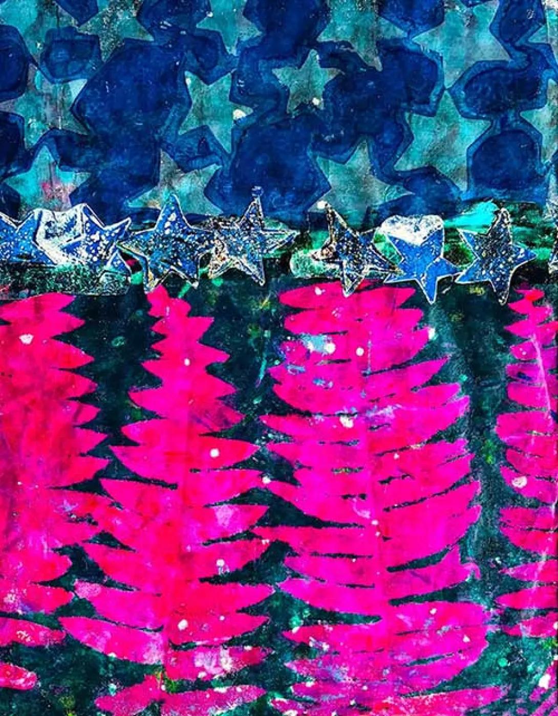 Stylized painting of white stars on blue background with fusia ferns underneath