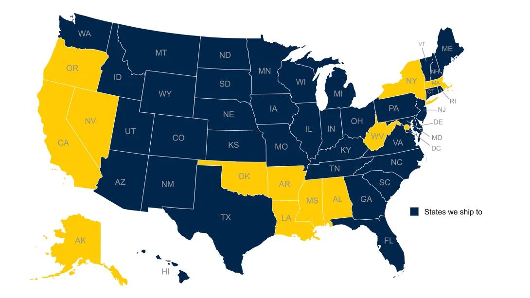 States U-M Specialty Pharmacy ships to are in blue. States not included are in yellow.