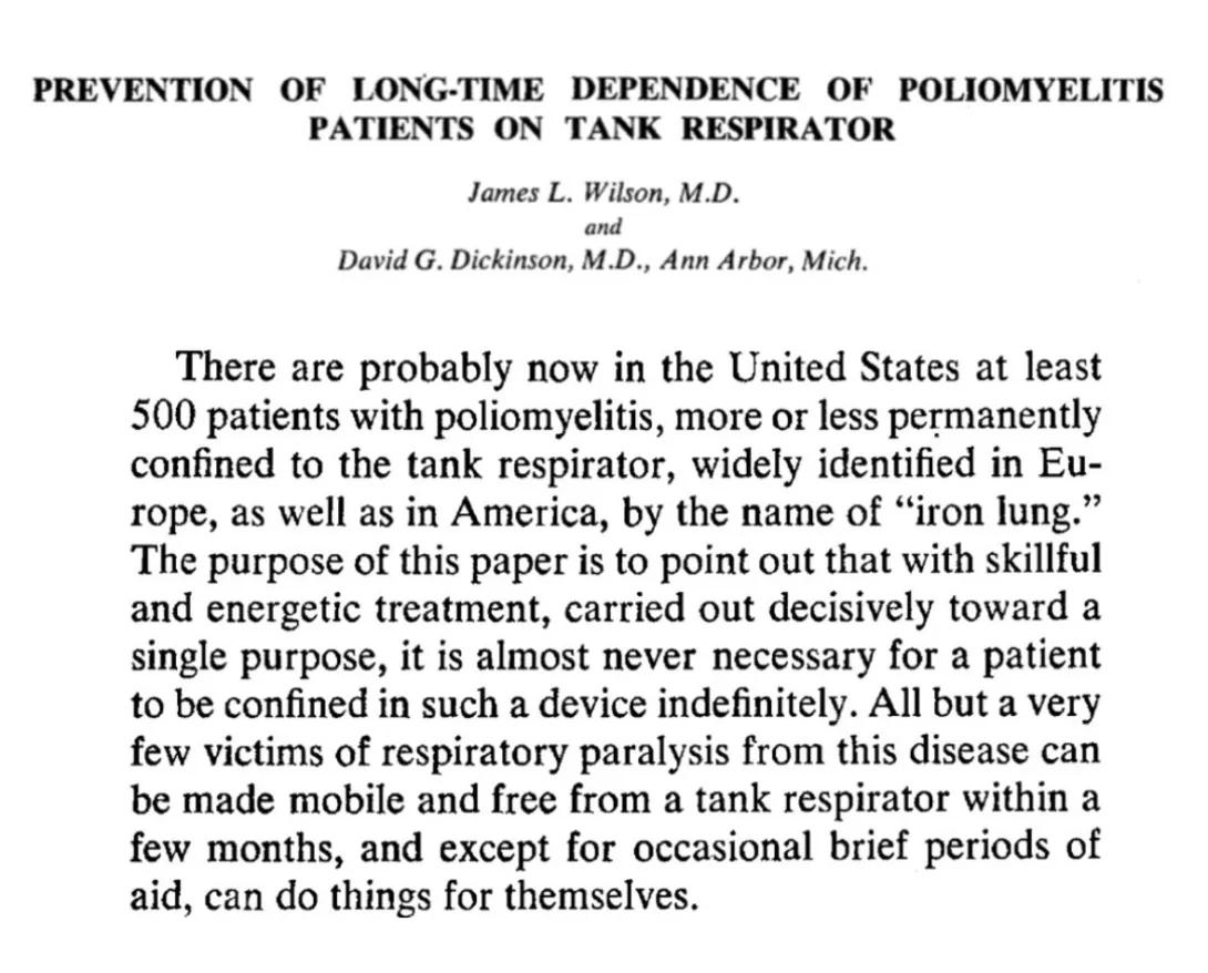 screenshot of title, authors and opening paragraph of a 1955 paper on iron lung polio patients